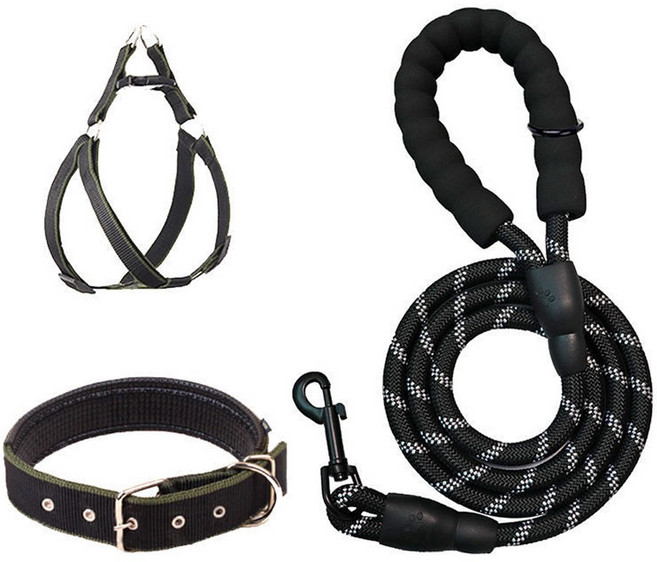 LEOQ 튼튼한 강아지 목줄 리드줄 하네스 세트, 블랙