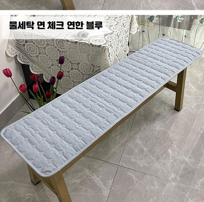 롱 벤치 쿠션 코튼 사계절 방석 긴의자 식탁 의자 패드 푹신한 카페 매트 커버, 물세탁 면 체크 연한 블루