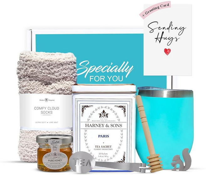 여성용 차 세트 양말 스테인리스 텀블러 티백 20개 허니 병 및 허그 카드 보내기 파리 구름 가 포함된 사려 깊은 겟 웰 상자, Modern Elegance 여성용 티 선물 세트 사려