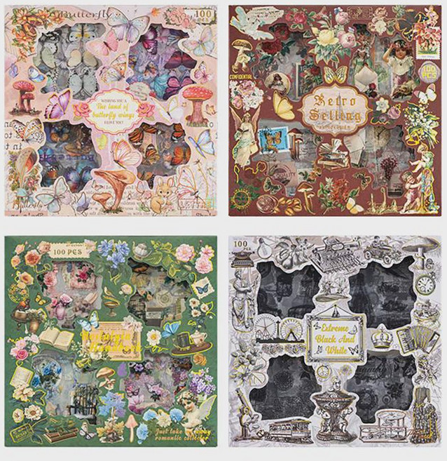 100장 스티커 빈티지 다꾸스티커 다이어리꾸미기 레트로 모노 인스 다꾸세트, 100매, 빈티지그린