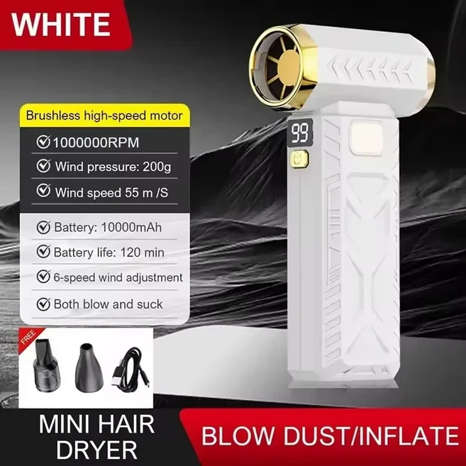 100만RPM 터보 제트 블로워 2in1 초강력 에어 진공 먼지 청소기 USB 충전식 65m/s 2026 신제품, 03 White