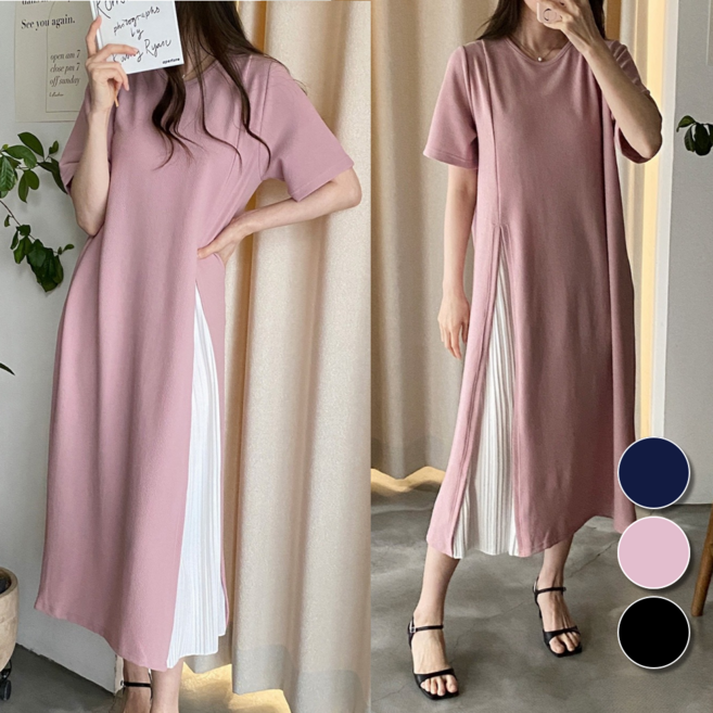 핏몬 여성 구김없는 반팔 플리츠 포인트 루즈핏 여름 롱 원피스