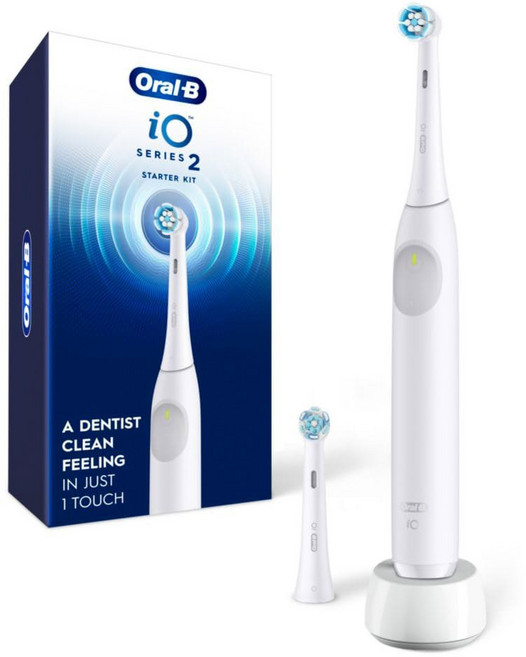 Oral-B iOS 시리즈 2 충전식 전동 칫솔 스타터 키트 순수 흰색 헤드 2개 포함 - 잇몸을 보호하는 자동 압력 센서 3가지 모드 2분 타이머, White, White