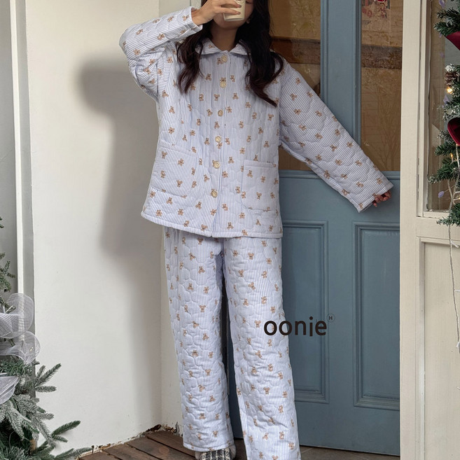 오오니 러블리 곰돌이 누빔 순면 캐릭터 겨울 수면 잠옷 파자마 세트