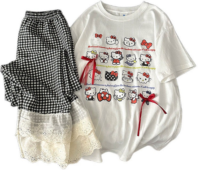 SHILISHAONV 산리오 헬로 키티 캐릭터 홈웨어 투피스 수면 잠옷 세트 실내복