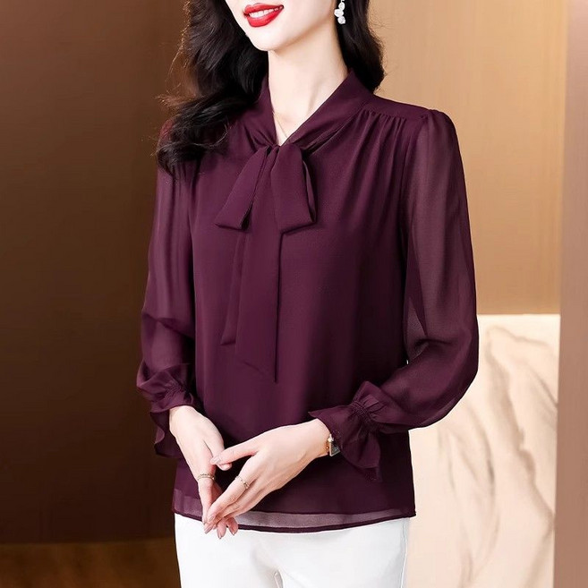 중년여성 긴팔 쉬폰 블라우스 봄가을 간절기 엄마룩 프렌치 리본 예쁜 스웨터 하객룩 기질 패션 루즈핏 상의