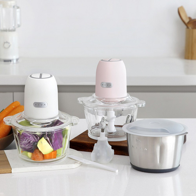 비바 쿡 전동 다지기 야채 이유식 고기 마늘 쵸퍼 스텐컵 유리컵, 크림+스텐볼