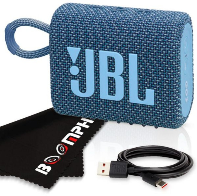 Boomph OnTheGo 키트 JBL Go 3 휴대용 블루투스 무선 스피커 IP67 방수 및 방진 내장 배터리 그린, Eco Blue, 1개