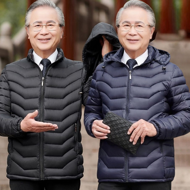 ROYALBELLE 남성 중년용 경량 패딩 자켓 탈부착 후드 긴팔 따뜻한 보온성 루즈핏 아우터 I01111011