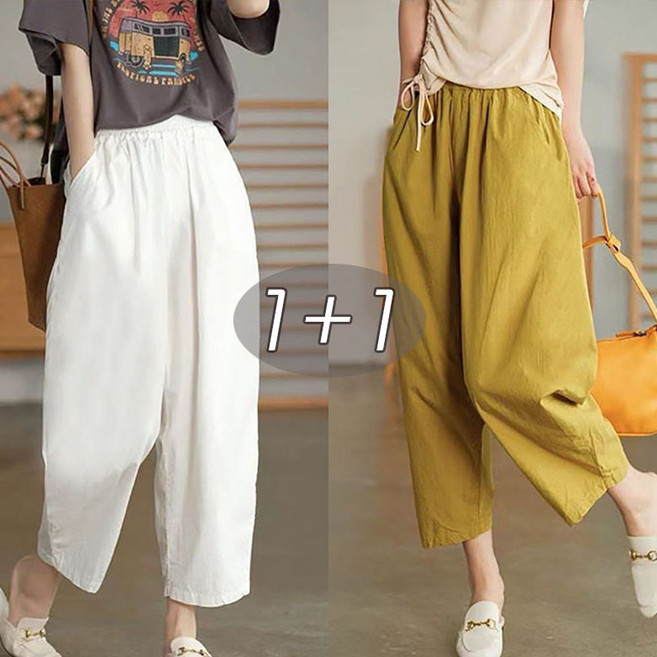 1+1 면바지 9부 팬츠 여성 와이드 팬츠 슬림핏 하이웨스트 통바지 린넨 여성바지 봄 가을 여름