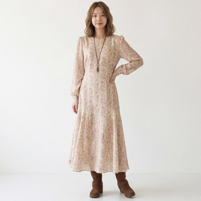 여성 빅사이즈 플라워 쉬폰 롱원피스 라운드넥 긴소매 캐주얼 봄가을