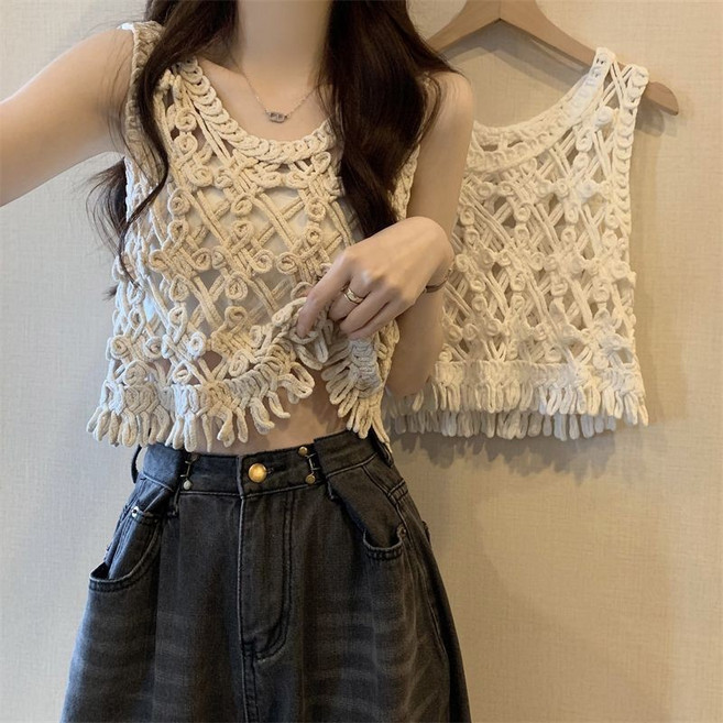 法式鏤空針織無袖短版上衣 鉤花吊帶外穿馬甲罩衫