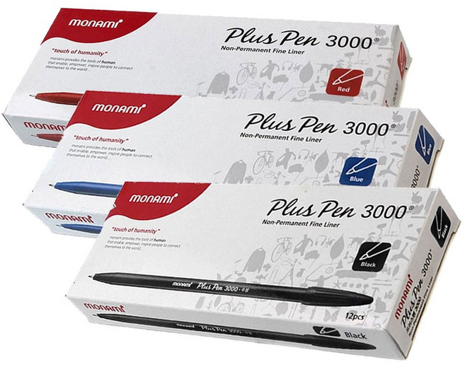 모나미 모나미 프러스펜 3000 수성 (블랙12개+블루12개+레드12개) 사무용 필기구 플러스펜, 혼합 색상, 1세트