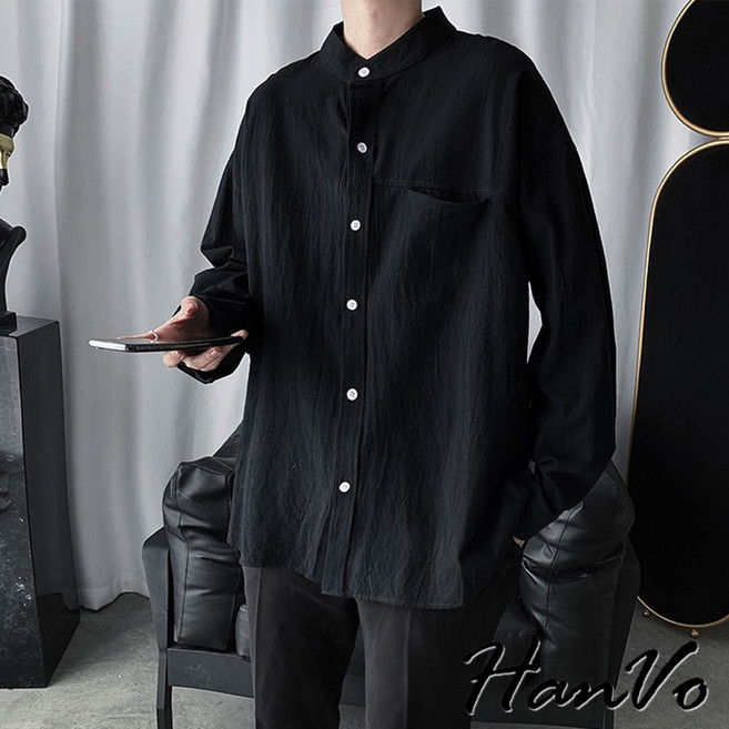 HanVo 男款簡約立領工裝襯衫外套 百搭純色潮流舒適襯衫 韓系休閒日常男生衣著 B02-2015