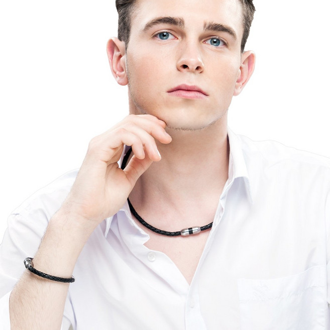 아나파 미세전류 건강 목걸이 팔찌 세트 (가죽 불소고무 체인 모음), 가죽 블랙 세트, 남자(50~51cm), 20cm(남자평균), 1개