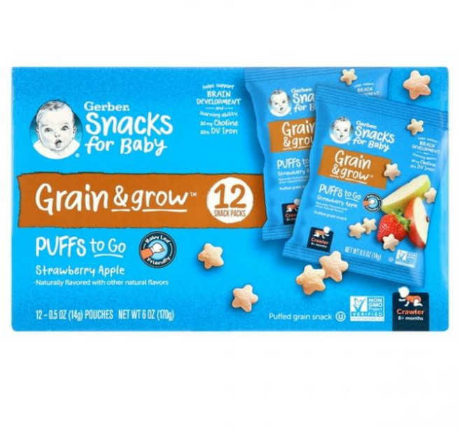 Gerber 거버 투고 퍼프 그레인 곡물 스낵 딸기 사과 파우치 12봉지, Single