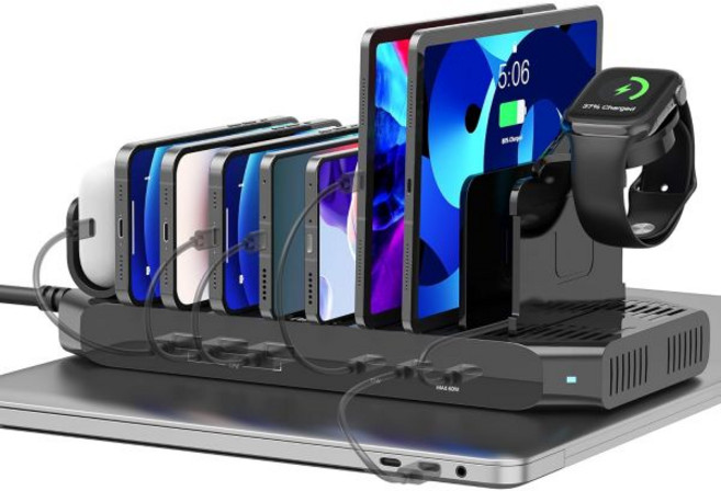 Unitek USB 충전소 10개의 USB 고속 포트 충전 도킹 스테이션 및 조절 가능한 칸막이 iPad iPhone 태블릿 및 휴대폰과 호환되는 멀티 디바이스 충전기 정리함, 96W+6 Port/Black, Pack of 1