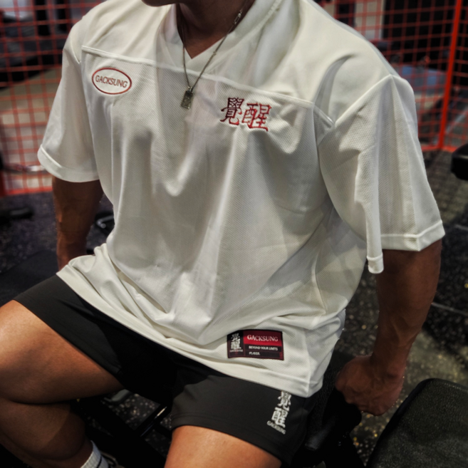 각성 럭비져지 오버핏 메쉬 반팔티 화이트 남녀공용 여름 쿨링 운동복 짐웨어 티셔츠