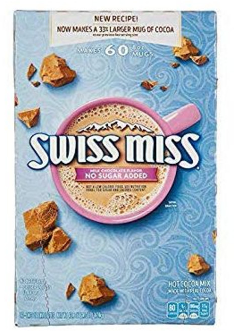 Swiss Miss 코코아 파우더 가루 스위스 미스 무설탕 핫 믹스 밀크 초콜릿 60개 봉지 각 0.73온스 레시피로 8온스 머그컵에 더 많은 코코아를 만듭니다., Swiss Miss 코코아 파우더 가루 스위스 미스 무