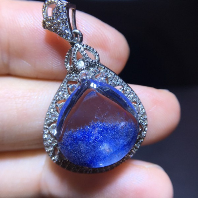 천연 블루 루틸레이티드 듀모티에라이트 쿼츠 펜던트 14.8/14.6mm 클리어 플라워 목걸이 골드 주얼리 AAAAA