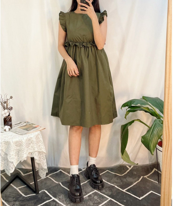Nwith公主風荷葉邊洋裝 - 軍綠 宮廷風甜美挺版設計 展現優雅氣質