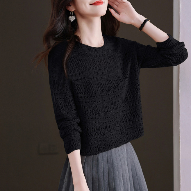 Makone 여성 봄 가을 라운드넥 솔리드 펀팅 캐주얼 얇은 니트 티셔츠