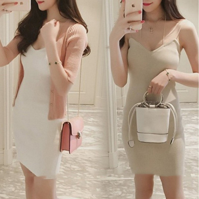 高質量針織吊帶連衣裙, 白色,均碼