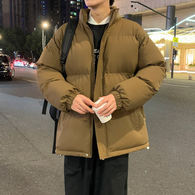 立領純色男款秋冬外套 情侶款休閒保暖 長版面包服棉大衣