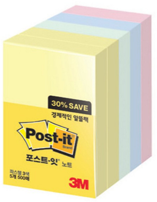 포스트잇 노트 알뜰팩 656-5, 노랑+애플민트+크림블루+러블리핑크, 500매, 1개