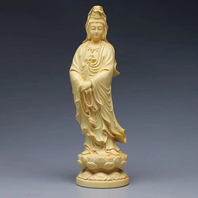 貝貝 觀音神像 木雕佛像 保平安 崖柏木家用供奉擺件, 黃楊木精雕念珠觀音15公分