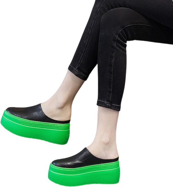 8CM 슬리퍼 통굽 굽높은 키높이 뮬 블로퍼 배색 그린 화이트 블랙 215 연예인