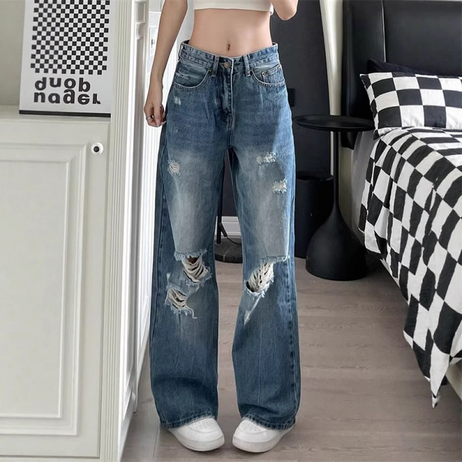 SAHINER 여성 데님 스트레이트 핏 팬츠 찢어진 스타일 여름용 BPD10