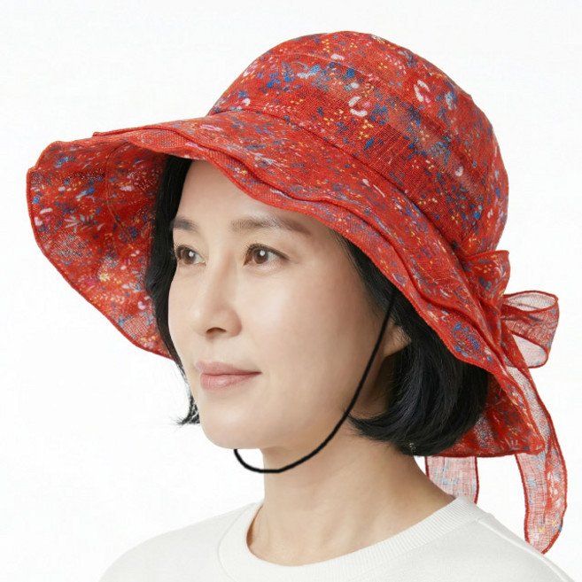 여름 벙거지 넓은챙 시스루 로즈 뒷리본 중년여성 모자 할머니 화려한 망사 플라워