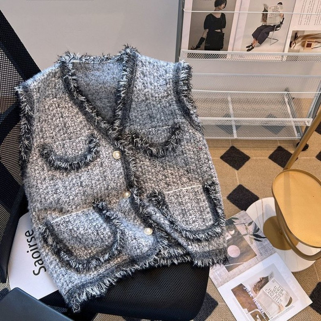 COSYEVNO 여성 니트조끼 가을 브이넥 빈티지 루즈핏 캐주얼 숏 버튼 나시 CXJmj-06