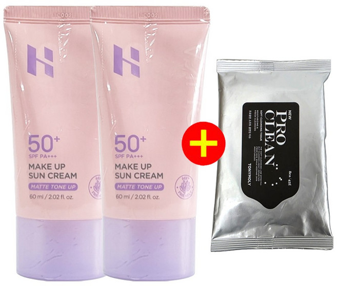 홀리카홀리카 메이크업 선크림 SPF50+ PA+++ (클렌징티슈 8매 증정), 60ml, 2개
