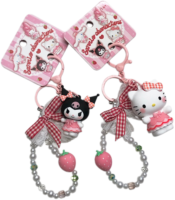 정품 산리오 키티 키링 쿠로미 피규어 딸기 진주 리본 가방고리 2종, 1개