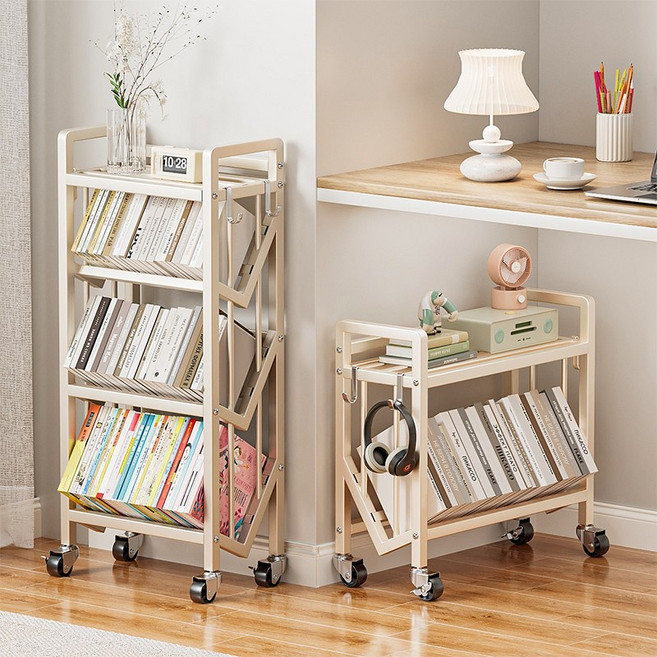 Alemon이동식 철제 북 트롤리 이동식선반, 2단, 화이트