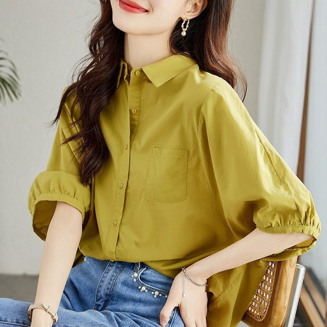 쩐쿠 봄 여성 카라넥 오버핏 셔링 셔츠 블라우스 8900