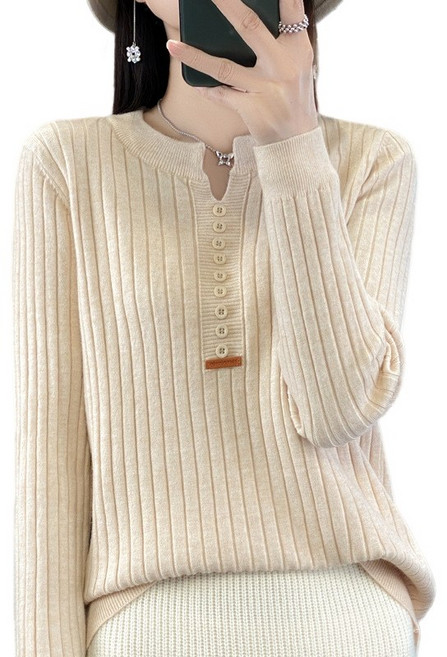 여성 부드러운 골지 라운드넥 버튼 디테일 데일리 이너 레이어드 니트 NJR371