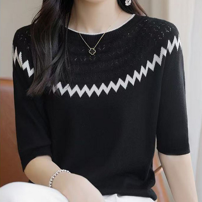 lofei 여성 여름 시원한 체인 장식 반팔 니트 상의 TX23