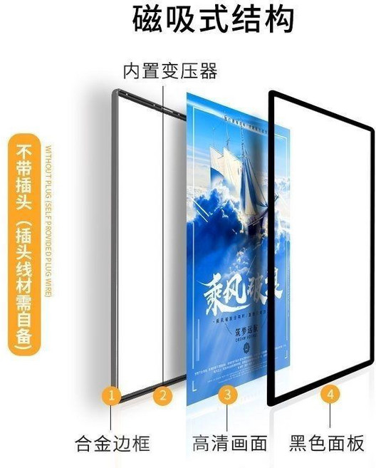 磁吸鋁合金海報框 圓角展板 免打孔相框畫框掛牆 (80x120cm 銀邊黑麪), 1個, 黑邊黑麪,40x60, 黑邊黑麪, 40x60