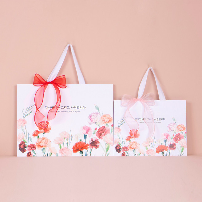 크루거브렌트 어버이날 스승의날 카네이션 쇼핑백 + 리본 장식 l 선물 포장 고급 종이가방, 2개, (2)중 40x30x14cm