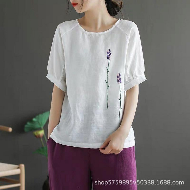 文藝復古花朵刺繡棉麻圓領短袖T恤女 夏季新款大碼寬鬆上衣