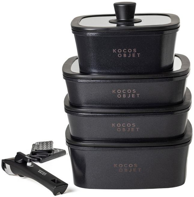 인덕션 멀티핸들 사각 쿡웨어 4종세트 블랙(총11pcs)프라이팬냄비그릴팬유리뚜껑탈착식손잡이가방증정, 블랙, 1세트, 11pcs