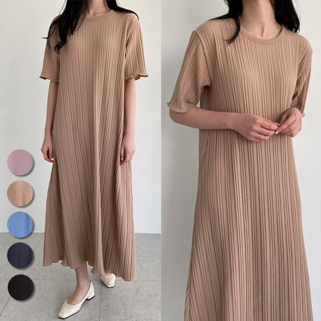 핏몬 여성 구김없는 심플 플리츠 주름 반팔 롱 원피스 5종