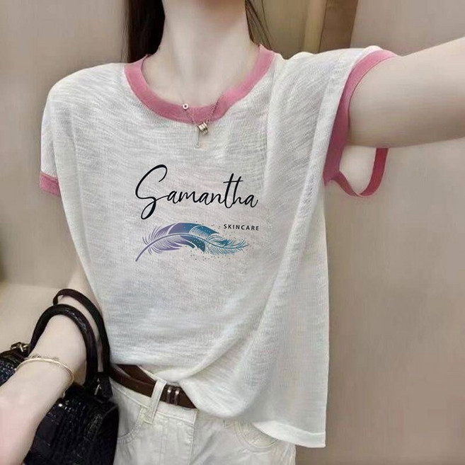 슬라브 박시 반팔 티셔츠 여성용 아이스 심플티 빅사이즈 루즈핏 캐주얼 여자 레터링 상의