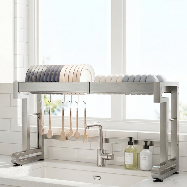잔비오 프리미엄 304 스텐 길이조절 확장형 식기건조대 무타공 싱크대 선반, 1개, 본체, 1단