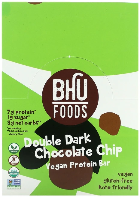 BHU Foods 비건 프로틴바 더블 다크 초콜릿 칩 바 12개 각 45g(1.6oz) Foods (BHU 푸드), BHU Foods, 비건 프로틴바, 더블 다크 초콜릿, 45g - 쿠팡