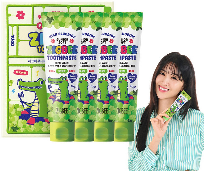 지그비 대용량 주니어 마일드 고불소 구취케어 어린이 치약 엄마배우 Pick 청포도향, 4개, 117g