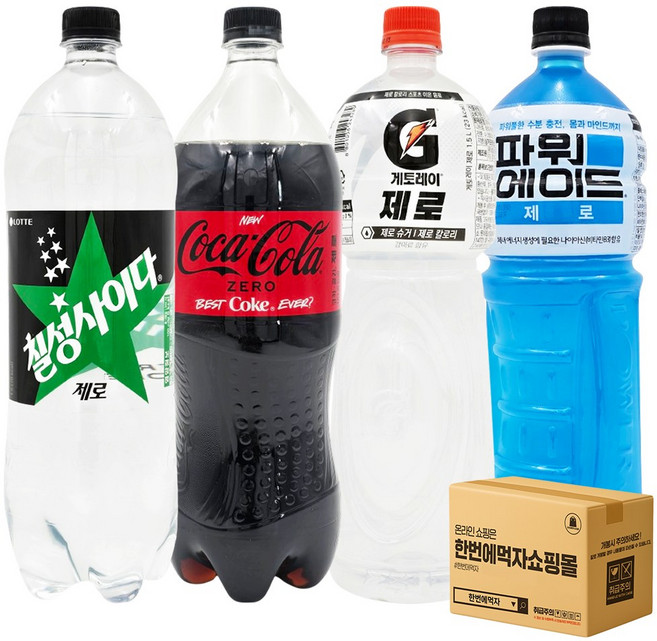 [한번에먹자] 제로 음료수 4종 혼합세트 / 코카콜라 제로 + 칠성사이다 제로 + 파워에이드 제로 + 게토레이 제로, 4개, 1.5L